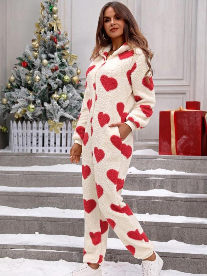 Women's Heart Print Zip up Hooded Jumpsuit, Casual Long Sleeve Pocket Design Jumpsuit for Fall & Winter, Women'S Sleepwear for Indoor Wear Valentine'S Day, Gift