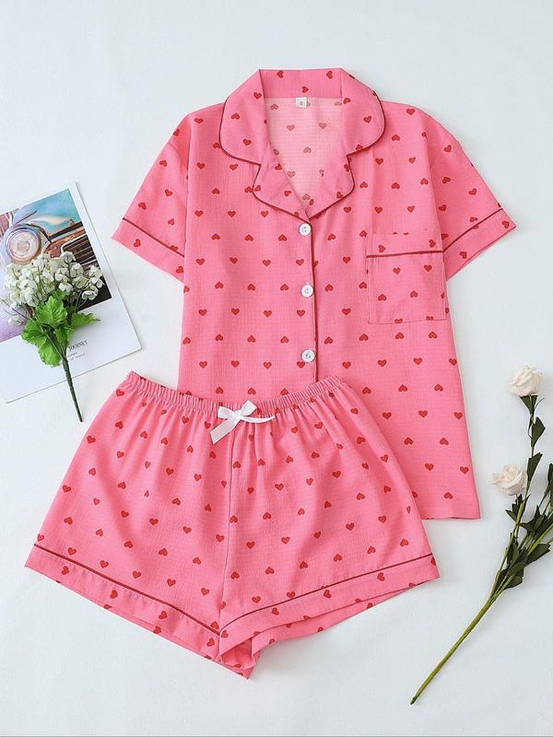 Women'S Heart Print Short Sleeve Pajama Two-Piece Set, Elegant Comfy Lapel Neck Button up Shirt & Shorts Pj Set, Ladies Summer Sleepwear Valentine'S Day, Gift Valentine'S Day