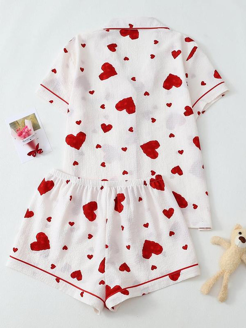 Women'S Heart Print Short Sleeve Pajama Two-Piece Set, Elegant Comfy Lapel Neck Button up Shirt & Shorts Pj Set, Ladies Summer Sleepwear Valentine'S Day, Gift Valentine'S Day