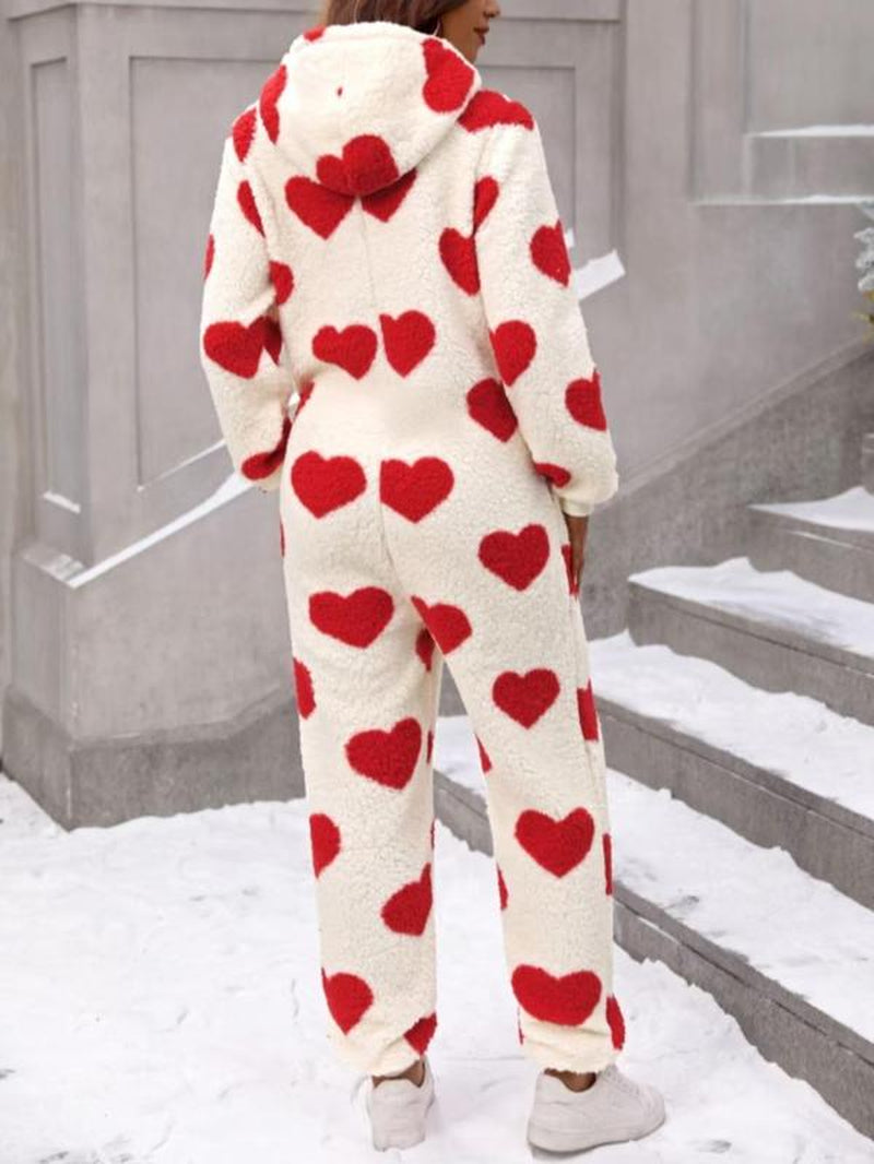 Women's Heart Print Zip up Hooded Jumpsuit, Casual Long Sleeve Pocket Design Jumpsuit for Fall & Winter, Women'S Sleepwear for Indoor Wear Valentine'S Day, Gift