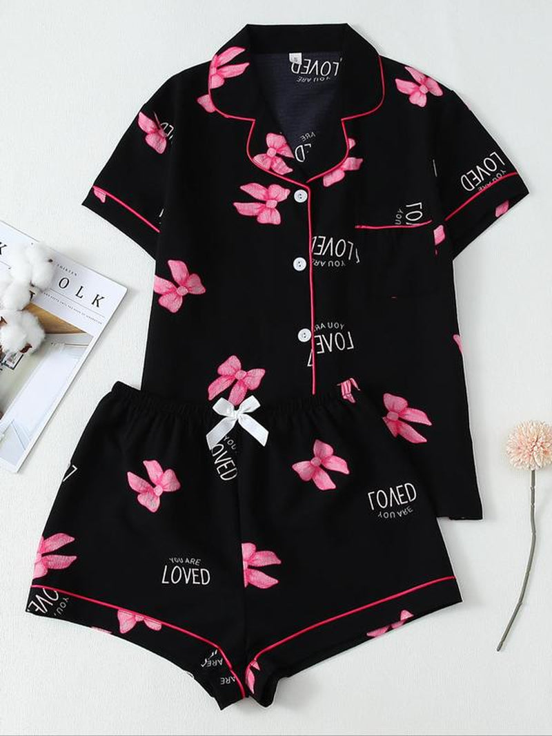 Women'S Heart Print Short Sleeve Pajama Two-Piece Set, Elegant Comfy Lapel Neck Button up Shirt & Shorts Pj Set, Ladies Summer Sleepwear Valentine'S Day, Gift Valentine'S Day