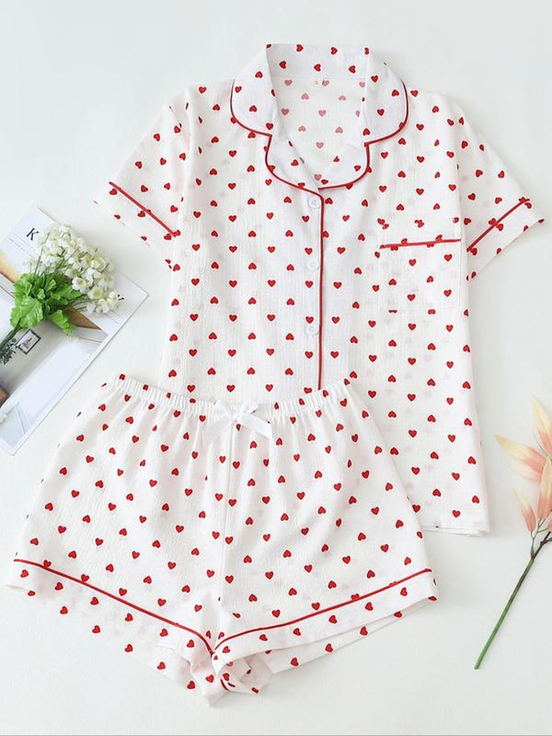 Women'S Heart Print Short Sleeve Pajama Two-Piece Set, Elegant Comfy Lapel Neck Button up Shirt & Shorts Pj Set, Ladies Summer Sleepwear Valentine'S Day, Gift Valentine'S Day