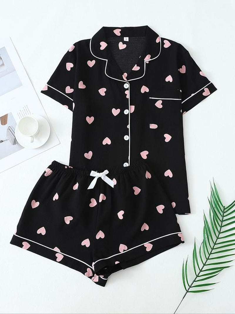 Women'S Heart Print Short Sleeve Pajama Two-Piece Set, Elegant Comfy Lapel Neck Button up Shirt & Shorts Pj Set, Ladies Summer Sleepwear Valentine'S Day, Gift Valentine'S Day