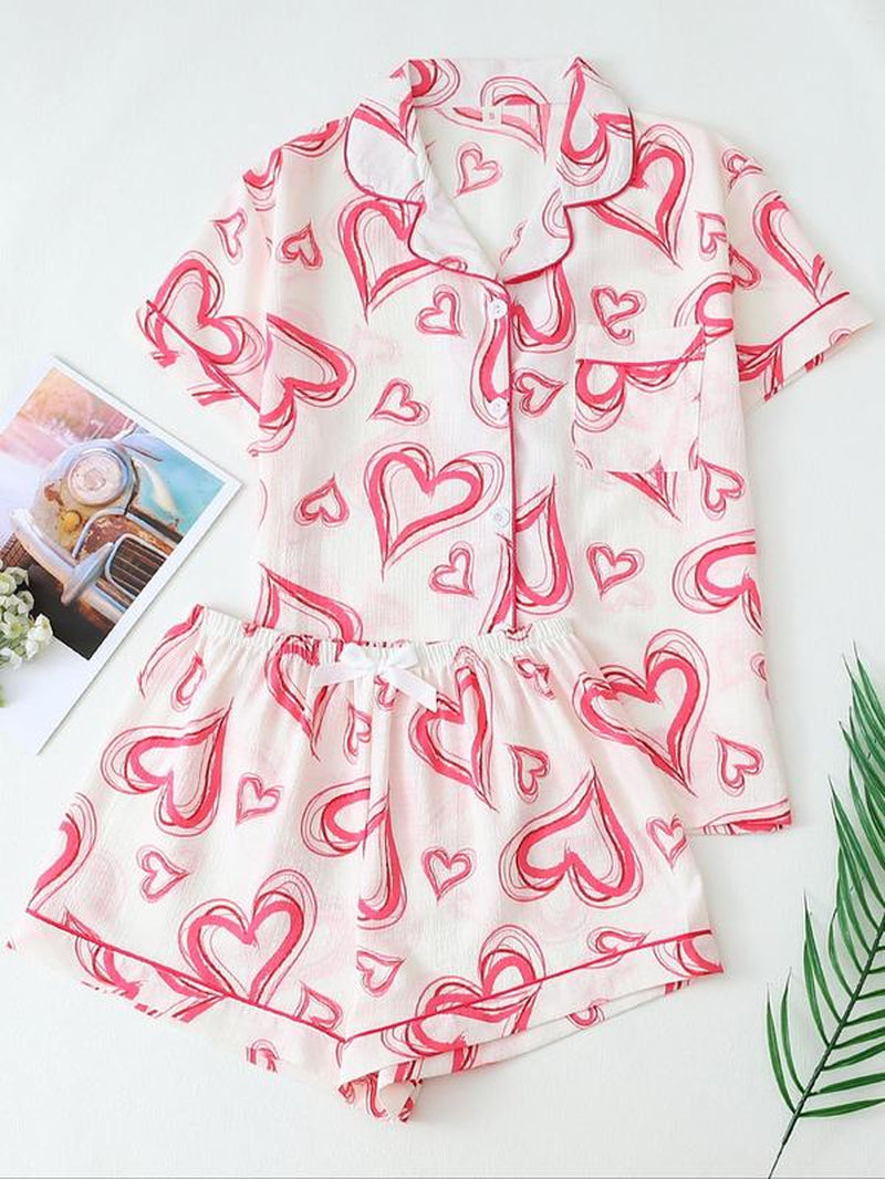 Women'S Heart Print Short Sleeve Pajama Two-Piece Set, Elegant Comfy Lapel Neck Button up Shirt & Shorts Pj Set, Ladies Summer Sleepwear Valentine'S Day, Gift Valentine'S Day