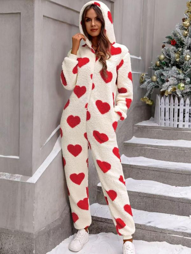 Women's Heart Print Zip up Hooded Jumpsuit, Casual Long Sleeve Pocket Design Jumpsuit for Fall & Winter, Women'S Sleepwear for Indoor Wear Valentine'S Day, Gift