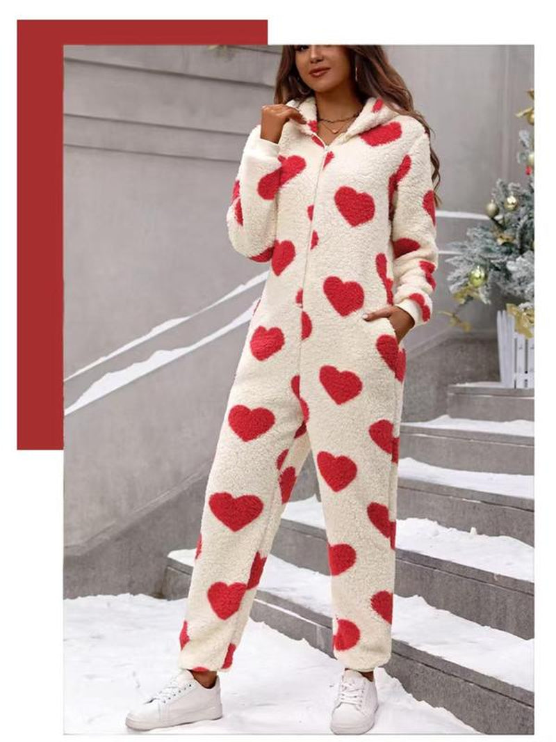 Women's Heart Print Zip up Hooded Jumpsuit, Casual Long Sleeve Pocket Design Jumpsuit for Fall & Winter, Women'S Sleepwear for Indoor Wear Valentine'S Day, Gift